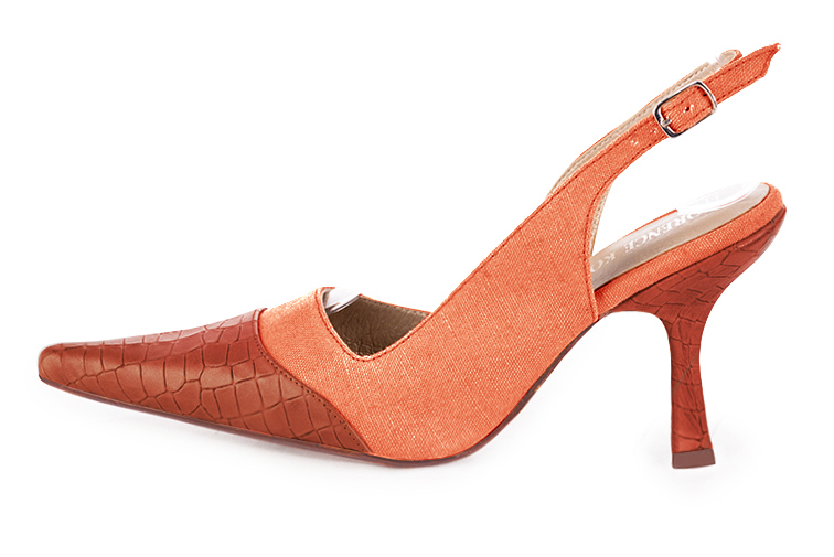 Terracotta orange women's slingback shoes. Pointed toe. High spool heels. Profile view - Florence KOOIJMAN